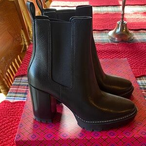 Tory Burch Lug Sole Black Leather Ankle Boots